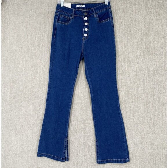 American Bazi Jeans High‎ Rise Bootcut Button Fly Ankle Slit Denim Large - Picture 1 of 13